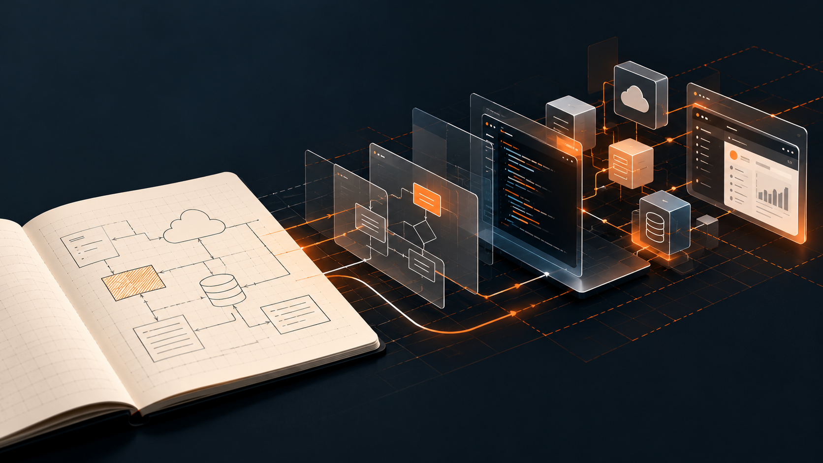An open notebook with hand-drawn system architecture diagrams flowing into glowing translucent code editor interfaces, cloud services, and dashboard screens